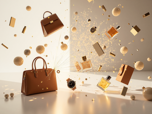 Product discovery concept with various consumer goods and shopping bags, retail showcase style