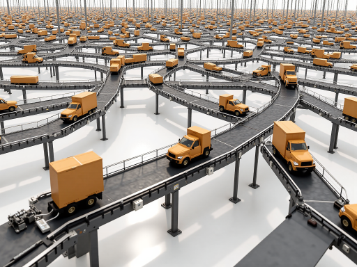 Global logistics network with shipping containers and delivery trucks, international trade scene